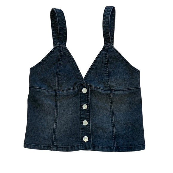 refuge Tops - Black Denim Triangle Smocked Back Structured Silver Buttons Tank Top Large
